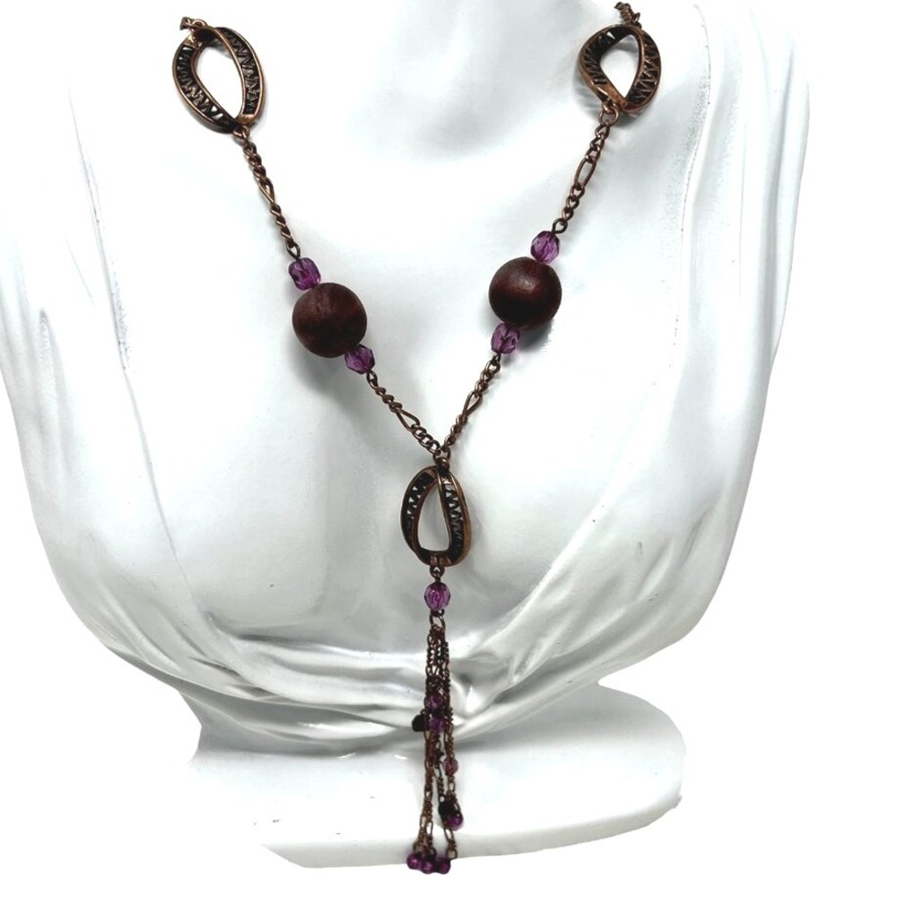 Copper Tone Necklace Brown Wood and Purple Faceted‎ Beads Tassel